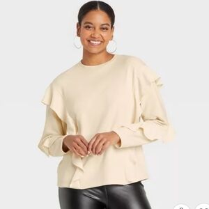Who What Wear Women's Puff Long Sleeve Ruffle Cream Sweatshirt Size XS